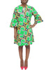African Print Dress with bell sleeves in lime green prints