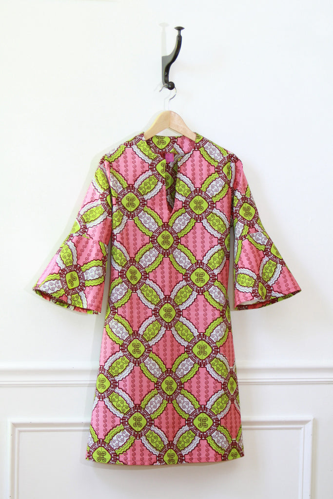 African Print Dress with bell sleeves - Aya Dress- Cassis